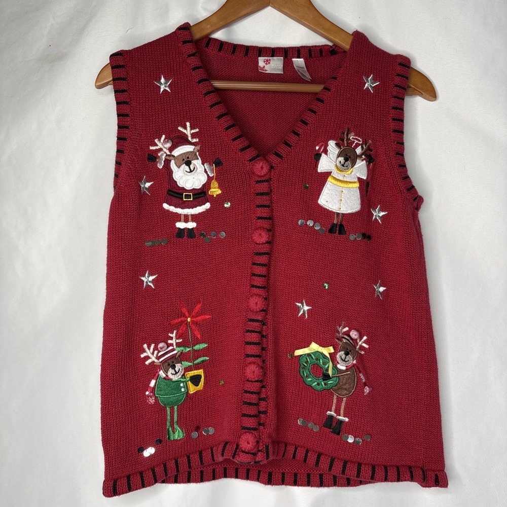 Holiday Editions Women's S Embellished‎ Christmas Red Vest Deer Sweater